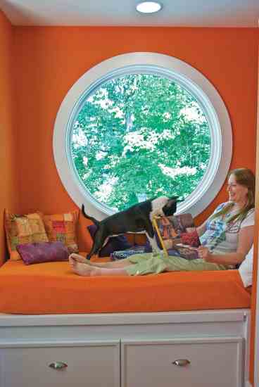 A reading nook in Jenny and Wes’ upstairs office space offers a spot for relaxation—and serious study!